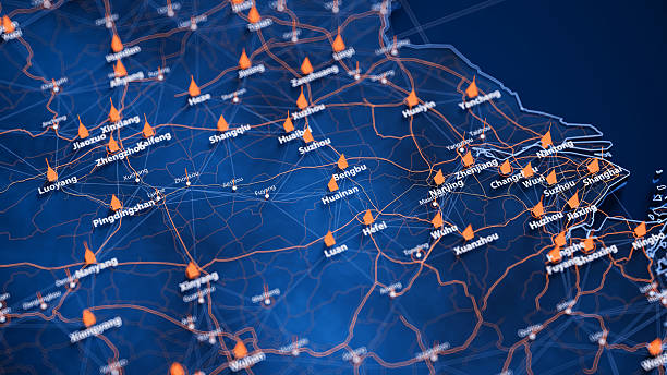 istock Huainan map big data visualization. Futuristic map infographic of city in China. Visual map data complexity in modern blue and orange colors 2243024077
