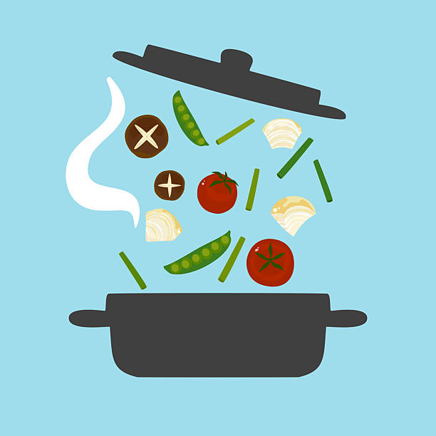 istock Colorful vector illustration of a cooking pot with vegetables, pasta, and steam on a blue background. Perfect for kitchen design, recipes, or flat design food theme, including a restaurant concept. 2243024956