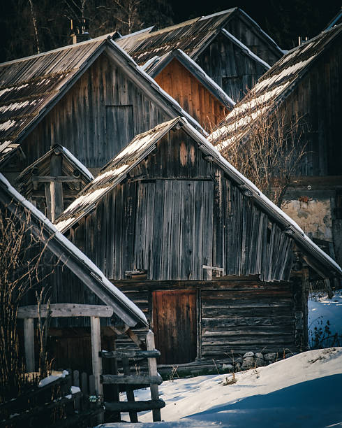 A cluster of old, weathered wooden cabins with snow on their roofs and surrounding the structures. The cabins appear to be in a rural or remote setting, possibly a village or a collection of outbuildings, with bare trees visible in the background. The scene evokes a sense of rustic charm and the quiet solitude of winter.
