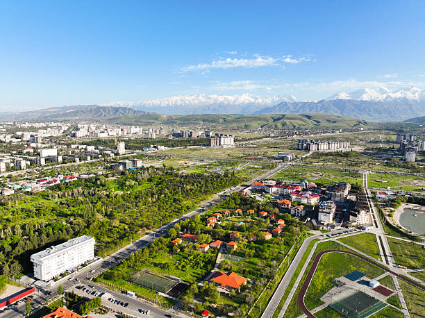 istock Residential area and park with snowcapped mountain backdrop 2243032148