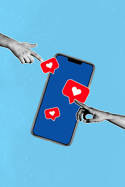 istock Vertical sketch 3d collage poster of hands hold phone device push screen click heart icon blogging notification charity reaction 2243033158