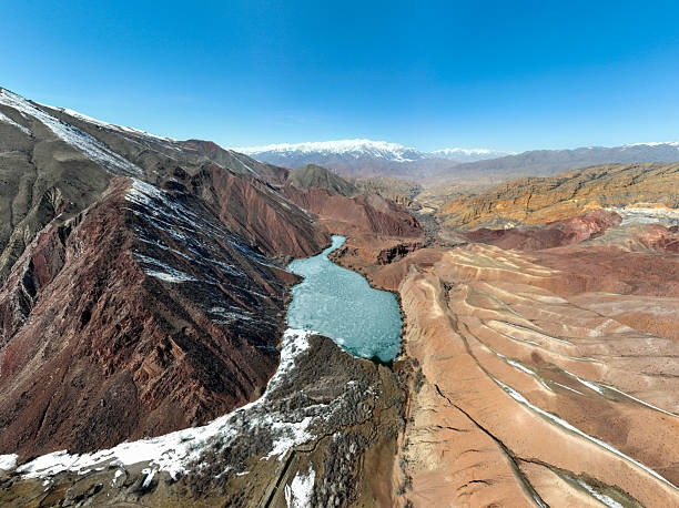 istock Icy turquoise lake surrounded by multi-colored mountains and snowy peaks 2243033178