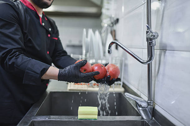 istock Worker Washing Tomatoes at Kitchen Sink in Gloves During Food Preparation Process 2243034267