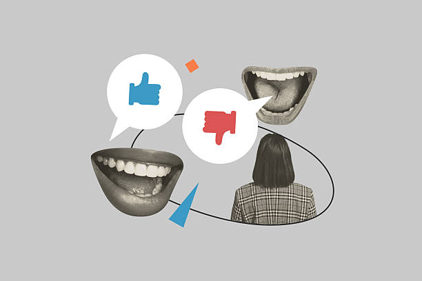 istock Composite artwork photo collage sketch of sms notification messenger index email two mouth talk thumb up down like dislike woman stand 2243037002