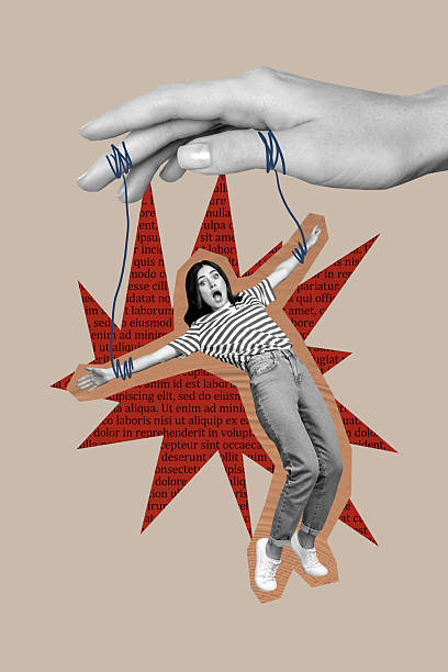 istock Sketch template design photo collage of hand master boss manipulation control domination hold rope young woman hang confused scream 2243037810