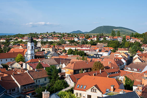 A beautiful view of Eger, showing a peaceful residential area with red-tiled rooftops and a white church tower. The surrounding green hills and clear blue sky create a calm and scenic Central European landscape.