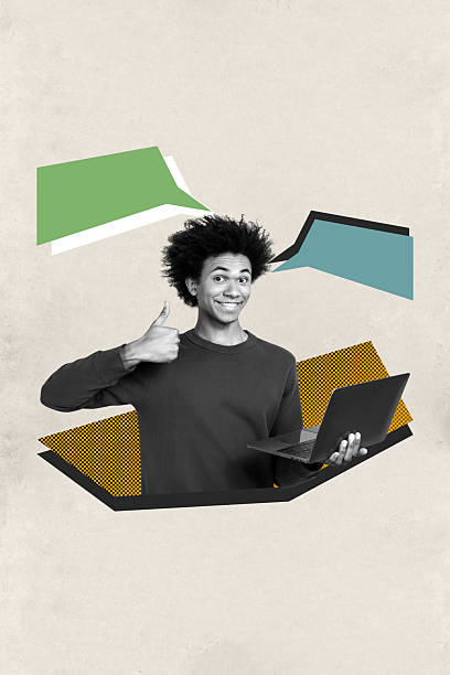 istock Artwork banner collage of happy guy type laptop communication message notification speech icon dialogue chatterbox discussion 2243043617