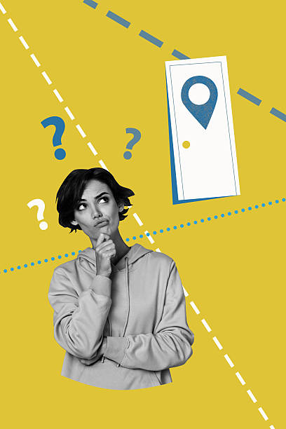 Art image vertical photo collage of minded girl stand geolocation icon question ark idea finding ponder summer tourism travel