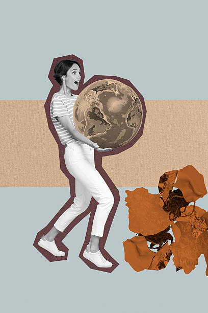 istock Composite trend artwork collage of young lady walk hand hold planet map trash environmental support planet protection activist volunteer 2243044253