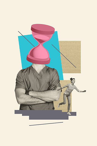 istock Composite 3D photo collage design sketch of sand clock head control alarm deadline fast work man body posing young lady run psychedelic 2243048743