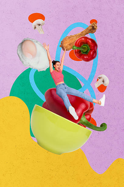 istock Template sketch composite artwork collage of psychedelic young woman sit huge pepper dish egg eat gourmet cuisine cook kitchen mushroom 2243048871