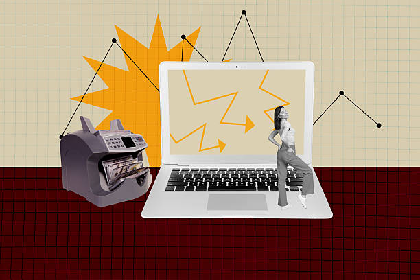 istock Successful freelancer celebrating financial growth working remotely computer desk laptop in creative collage style concept 2243048885
