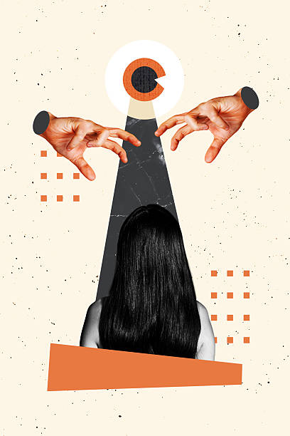 istock Creative composite sketch design artwork collage of focus third eye see watch vision woman stand back long hair hand gesture catch 2243048934