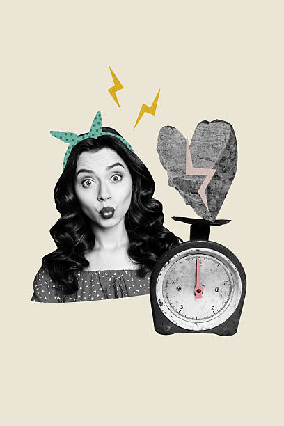 Pop art image poster 3d banner collage of puzzled girl weight stone heart kilogram breakup crack problem divorce concept