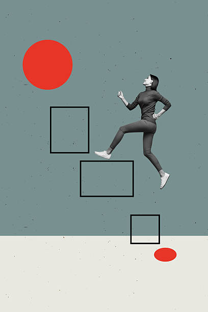 istock Creative trend design 3D collage sketch of overcome obstacle achieving challenge trouble ladder cube figure young lady run up successs 2243048997