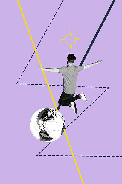 istock Vertical 3d trend artwork collage of anonym man jump earth planet compass arrow migration journey rest environment voluntary 2243049406