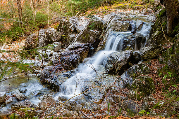 This is a landscape photograph of a waterfall flowing over rocks in the forest along the Gill Brook Stream in the Adirondack Mountains State Park in Keene Valley, New York.