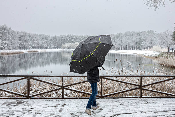 istock A solitude person stands under a large black umbrella, watching the gentle snowfall over a tranquil winter lake. The serene landscape features snow-covered trees reflected in the calm water. 2243051382
