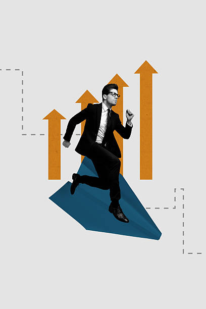 istock Vertical image artwork pop trend collage of serious businessman run arrow progress paper plane aim achievement determination 2243054718