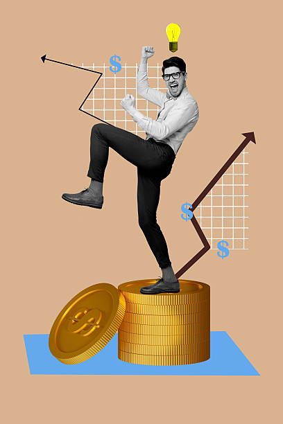 istock Banner image pop trend collage of happy businessman stand coin stack arrow development light bulb idea progress finance profit 2243054749