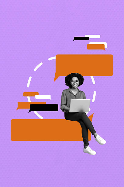 istock Creative 3d artwork pop banner collage of happy girl surf laptop write message conversation chatterbox dialogue phrase icon 2243055878