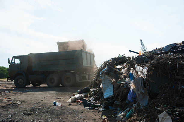 The truck is collecting garbage in a large garbage pile.