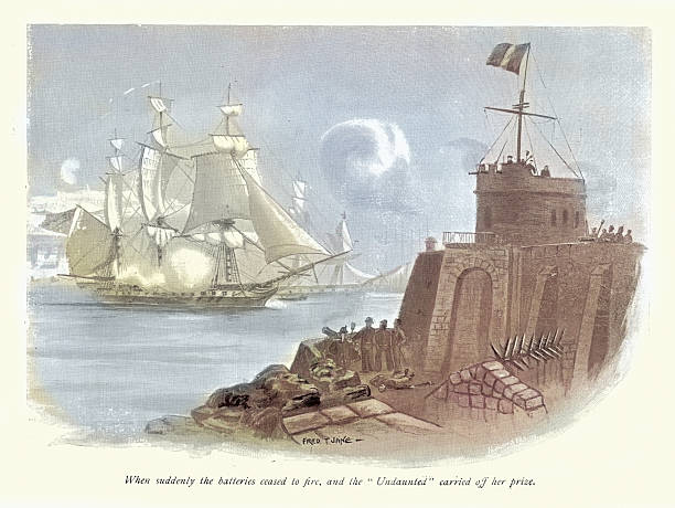 istock British military history, Napoleonic wars, Royal navy warship HMS Undaunted, capturing French ship and attacking a fort, 1810s, 19th Century 2243061945