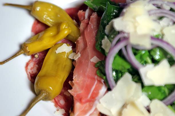 Italian food appetizers, deserts, main courses, chicken, meat and fish dishes restaurant style.