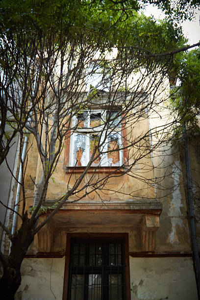 Abandoned building facade with peeling paint and broken windows, surrounded by bare branches and lush greenery, showcasing urban decay and the contrast of nature reclaiming space