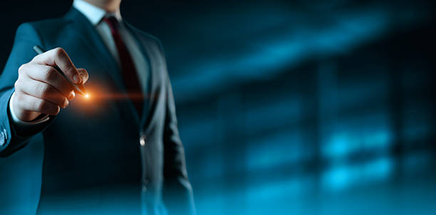 The businessman touch virtual screen. Man presses virtual button. Business Technology Concept.