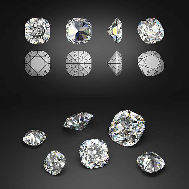 istock Demonstration of a cushion cut diamond from different angles. Scheme of cutting. Scattering of gemstones. 3d rendering. 2243065409