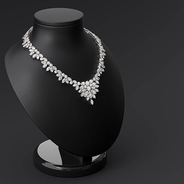 istock Luxurious diamond necklace on a leather bust stand. Side view. 3d rendering. 2243065457