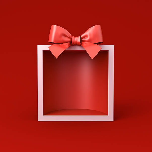istock Blank half cylinder gift box mockup exhibition booth stand open or opened present box tied with red ribbon bow isolated on dark red background unique minimal creative idea concepts 3D rendering 2243068054