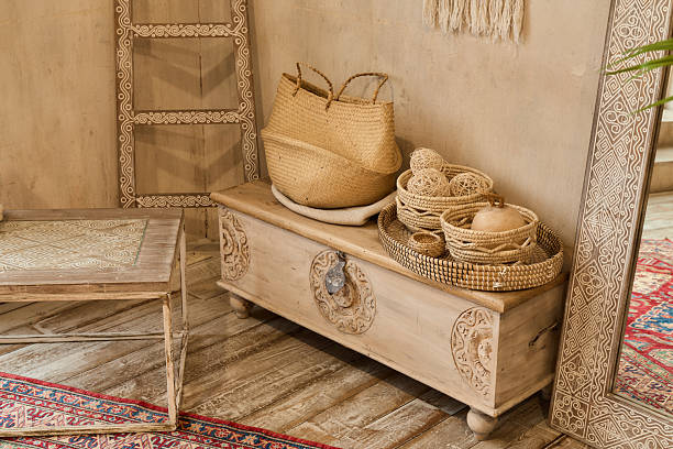 istock A Bohemian Rustic Entryway featuring Woven Baskets, a Wooden Bench, and Neutral Textiles 2243075014