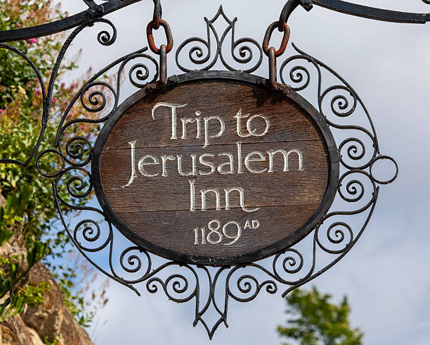 Nottingham, UK - June 28th 2025: The ornate sign outside Ye Olde Trip to Jerusalem public house in the city of Nottingham, UK. It claims to be the oldest inn in England.
