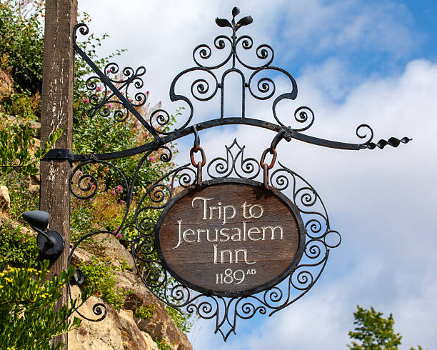 Nottingham, UK - June 28th 2025: The ornate sign outside Ye Olde Trip to Jerusalem public house in the city of Nottingham, UK. It claims to be the oldest inn in England.