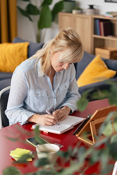 istock Woman writing in notebook planning daily tasks working from home 2243090654