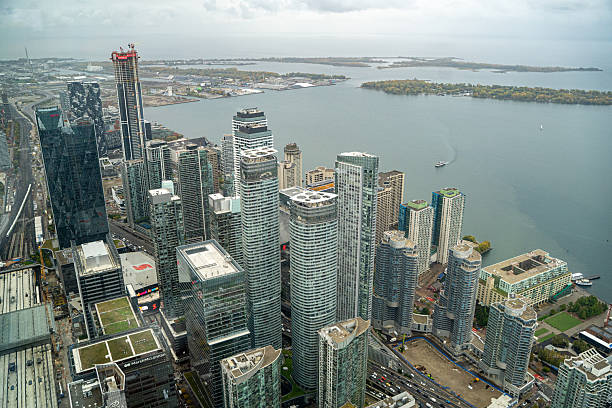 City views of Toronto from CN tower,  the largest city in Canada. Baseball stadium, building exteriors, Ontario, Canada.