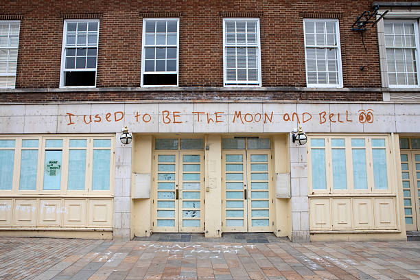 Loughborough, UK - June 29th 2025: A derelict building in the town of Loughborough in Leicestershire, UK, which used to be a public house and has unfortunately closed down.