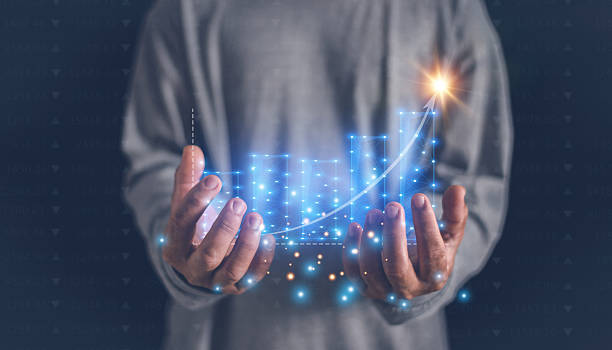 istock Business growth, progress or success idea concept, Businessman showing virtual graph hologram in hands, strategy planning, stock market, digital assets, corporate future growth plan. 2243092594