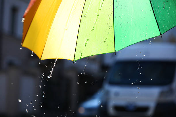 istock Open bright umbrella under pouring rain outdoors, closeup 2243100808
