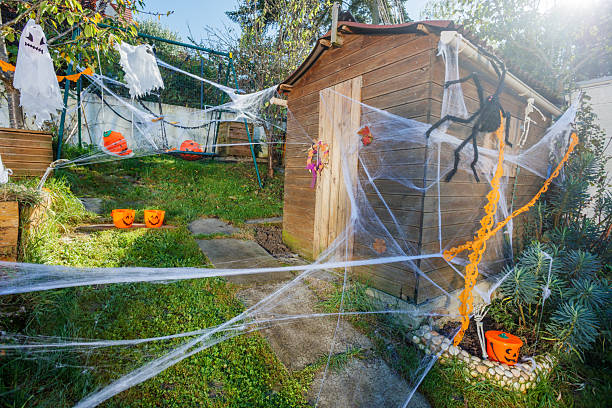 istock Spider web and pumpkins adorn a backyard haunted Halloween setup 2243103807