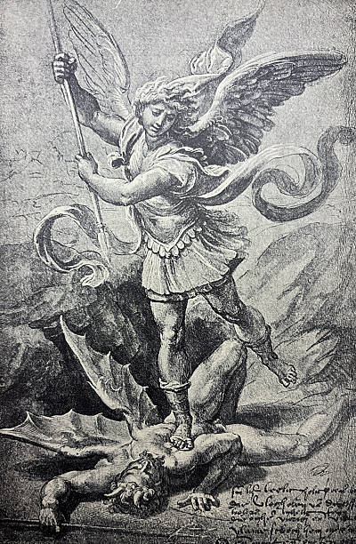 Antique illustration pre 1900 - Raphael - St. Michael - drawing from the picture of 1518 in the Louvre