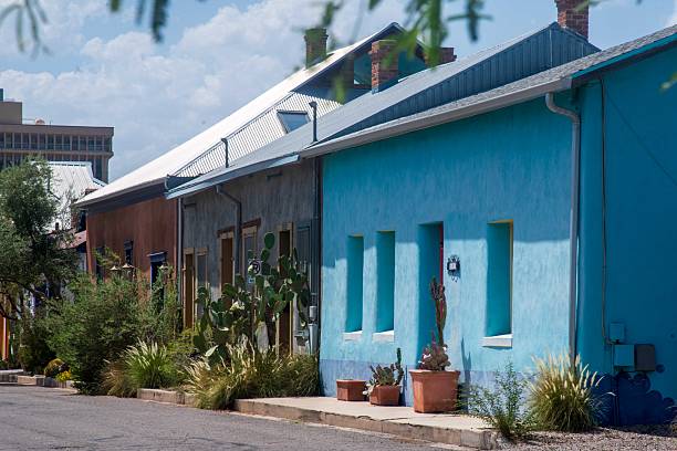 Tucson, United States - August 23, 2025: Colorful adobe houses in the old district of Tucson, Arizona