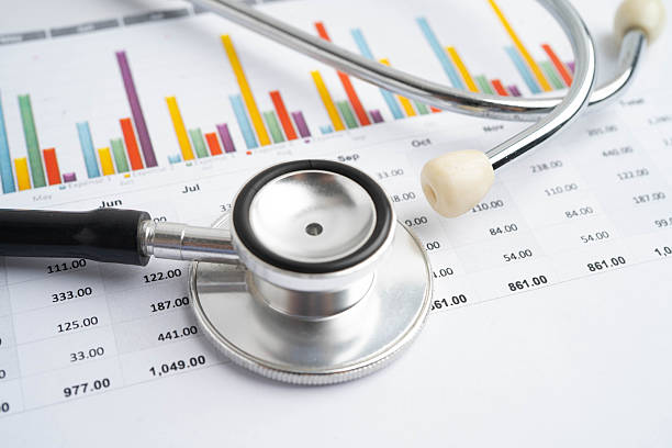 istock Stethoscope on chart or graph paper, Financial, account, statistics and business data medical health. 2243121324