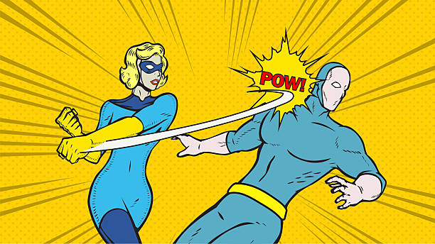 A retro pop art style vector illustration of a female superhero punches a villain. Put your text on the spaces available, on the mask or the body of the villain. Perfect for a meme. No generative AI was used.