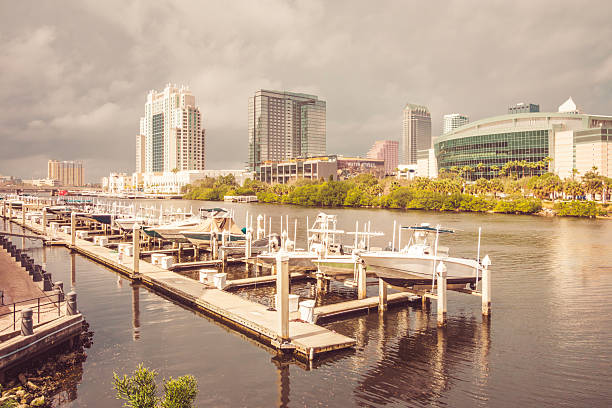 A waterfront view of downtown Tampa, Florida, featuring a marina in the foreground with multiple boats docked on piers.