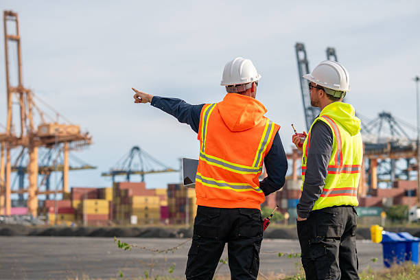 istock Industrial engineer workers operations marine port cranes loading and unloading of cargo ships global trade and supply chain import export environment monitoring responsible global economy. 2243139867