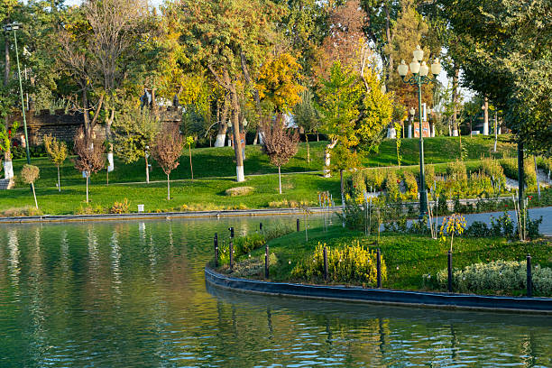 istock Beautiful park view with lake and reflections at sunset 2243143003