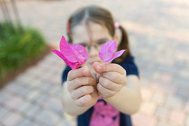 4-year old girl playing with flower petals in Florida, USA.